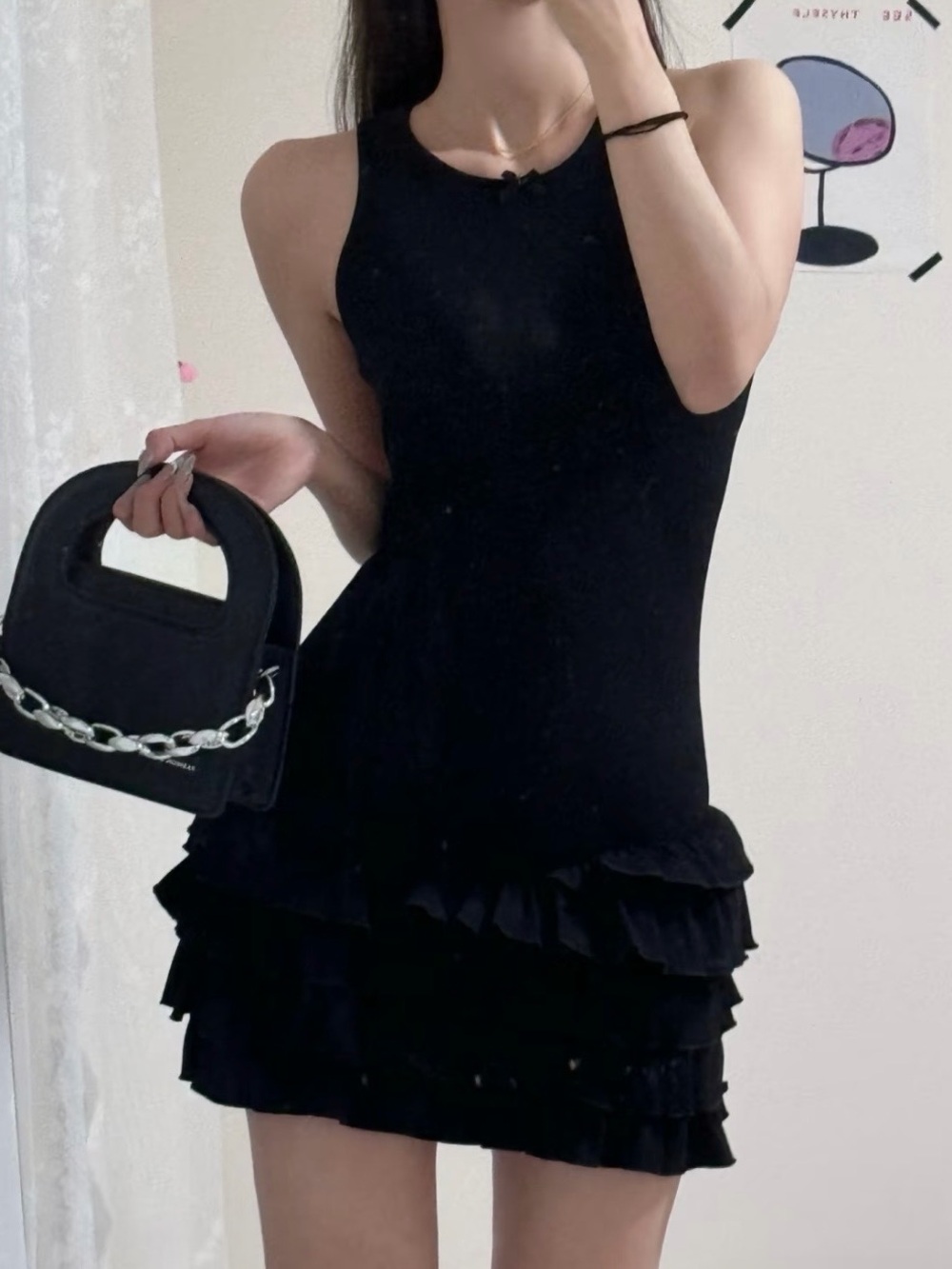 Black Ruffle Hem Sleeveless Mini Dress